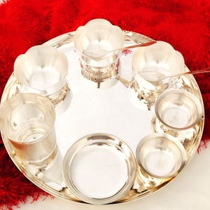 German silver big size flower engraved Dinner set/ bhojan thali set with lotus shape bowl*