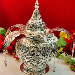 Antike deutsche silber Mangal Kalash: 25 cm Pooja Topf mit Swastik