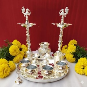 German Silver Pooja Set – Peacock Diya, Thali, Bowls- Check Last Image to check Quality