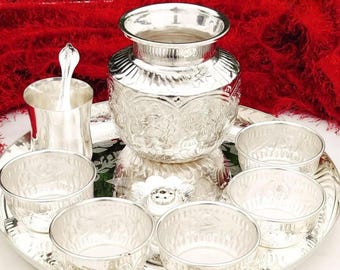 German Silver Pooja Thali Set: 12-inch Tray, Bowls, Kalash