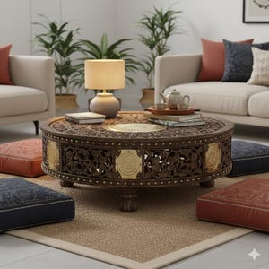 May include: A round, dark brown wooden coffee table with intricate carved details and brass accents. The table is surrounded by floor cushions in shades of red and blue, creating a cozy living room setting. A lamp and books sit on the table.