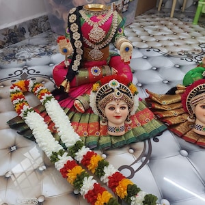 32&quot; Vara Mahalakshmi Idol: Brass, Silk & AD Stone Jewels