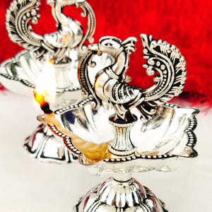 Pair of Antique German silver exclusive design daily use panchmukhi peacock diya*#Germansilveritems