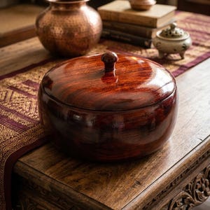 Wood Casserole with Lid - Round Wooden Hot Pot & Roti Dabba -Insulated Food Warmer - Kitchen Storage ,Serving Bowl -Brown Wood Bread Box