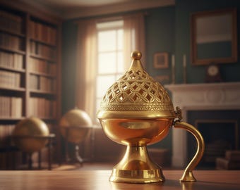 May include: A gold-colored incense burner with a decorative, lattice-patterned lid and a curved handle. The burner sits on a wooden surface, with a blurred background of a library and globes.