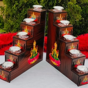 Ashtalakshmi Wooden Diya Stand: Detachable 5-Step Stair Pair