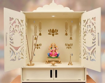 Cream Wall-Mounted Mandir, Laser-Cut Jali Doors, LED Light, Storage Drawer