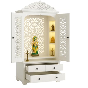 Handcrafted Wooden Hindu Temple with Door - Pooja Mandir for Home (36x24x16 inches)