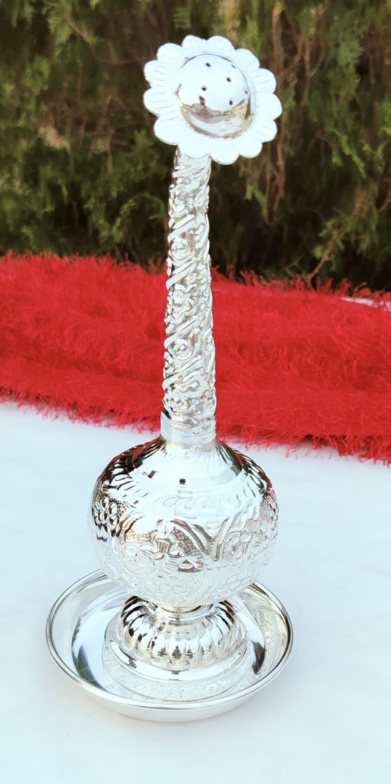 Paneer Sombu Set, German Silver Rose Water Sprinkler Set: Nakkashi