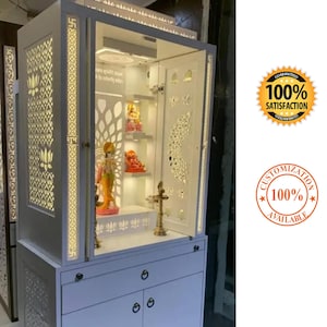 Hindu Wooden Temple- Hindu temple for home, White Mandir with Door, Wooden temple,Wooden mandir,Pooja mandir for home  -Insurance Covered