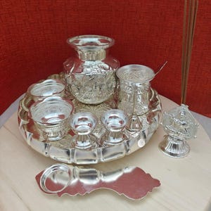German Silver Puja Thali Set: 10-inch Tray with Kalasam & Bowls