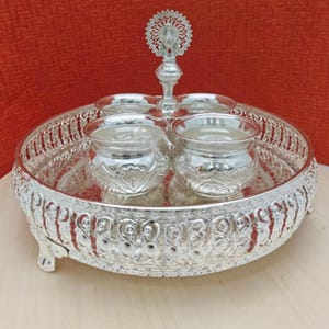 German Silver Puja Thali Set: Peacock Design, 10-inch Tray