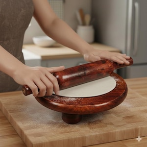 May include: A wooden rolling pin is used to flatten dough on a wooden board. The rolling pin and board are both a rich, dark brown color. The dough is a light beige color. Flour is sprinkled on the board.