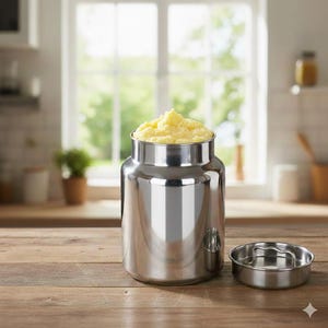 May include: A large, shiny stainless steel food container filled with yellow food, possibly mashed potatoes. A small lid sits beside it. The scene is set in a kitchen with a wooden surface and a window in the background.