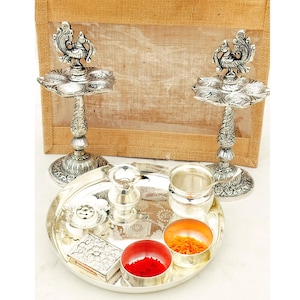 German Silver Complete daily use washable Pooja set with long peacock diya pair #Germansilveritems #germansilverarticles