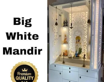 White Wooden Hindu Temple Mandir: Pooja Ghar with Storage & Lights