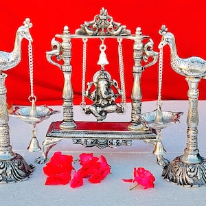 Antique German silver Ganesh jhula with peacock lamp combo*Germansilveritems #germansilverarticles #germansilverpoojaitems