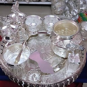 Indian Puja Set, Indian Pooja Thali Set,- complete Pooja Thali Set #Germansilveritems #germansilverarticles #germansilverpoojaitems