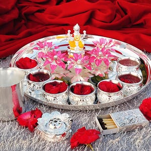 Indian Puja Set,German Silver Hand Engraved LAKSHMI Samai/Diya to light up diyas.##Germansilveritems #germansilvertray #germansilverarticles