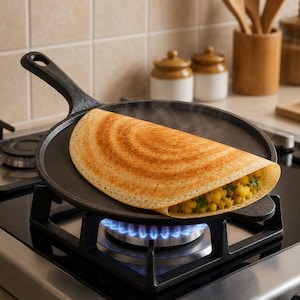 May include: A cast iron griddle with a cooked dosa, a thin pancake filled with a potato mixture, on a gas stove. The dosa is golden brown and steaming. The griddle has a handle and is heated by a blue flame.