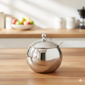 以下が含まれることがあります： 蓋と小さなスプーンが付いた、光沢のある球形のステンレス鋼の砂糖入れ。ボウルは反射面があり、蓋の上部に小さなノブが付いています。ボウルは木製の表面に置かれています。