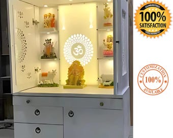 White Wooden Temple Mandir: Handcrafted Pooja Ghar with LED