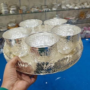 Return Gifts - German Silver 12 inches  tray with 5 big govinda nama bowls#Germansilveritems #germansilverarticles #germansilverpoojaitems