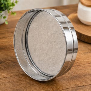 May include: A circular kitchen sieve featuring a polished stainless steel frame and a fine-mesh metal screen. The cylindrical rim has a smooth, reflective surface, while the interior contains a tightly woven, light-coloured metal mesh filter.