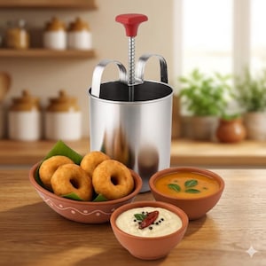 May include: A stainless steel vada maker with a red handle, next to a bowl of fried vada donuts, and two small bowls of chutney and sambar. The vada donuts are golden brown and served in a terracotta bowl.