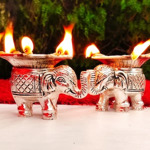 Pair of German silver Antique German silver Elephant panchmukhi diya#Germansilveritems #germansilverarticles