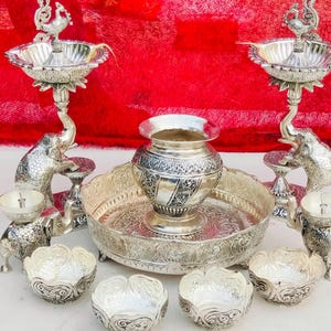 Antikes deutsches Silber Mahalakshmi Pooja Set kombiniert