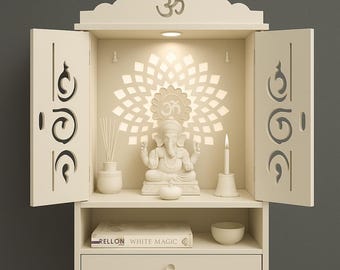 White Wooden Hindu Temple: Wall Hanging Pooja Mandir with LED