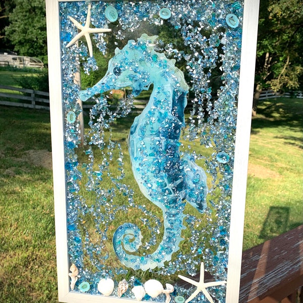 Seahorse Art, Seahorse Glass Window, Gifts for Her, Rustic Coastal, Nautical Beach, Wall Art, Window Decor, Seashells, Crushed Glass