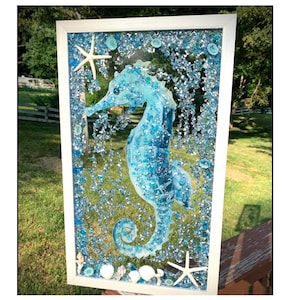 Seahorse Art, Seahorse Glass Window, Gifts for Her, Rustic Coastal, Nautical Beach, Wall Art, Window Decor, Seashells, Crushed Glass