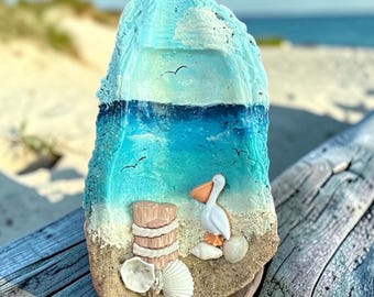 Hand-Painted Pelican Oyster Shell: Beach Decor, Personalized Ornament
