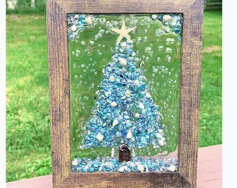 Crushed Glass Blue Christmas Tree Glass Frame
