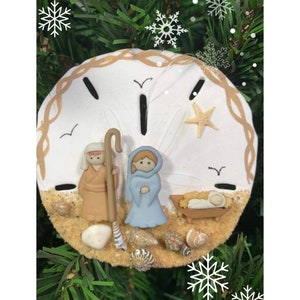 Nativity Ornament, Sand Dollar, Table Sitter, Nautical Decor, Gifts for Her, Personalized, Beach Remembrance, Jesus Mary Joseph, Outer Banks