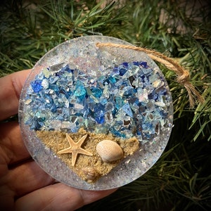 Beach Glass Suncatcher, Beach Heart Ornament, Beach Lover, Gift for Her, Family Rememberance