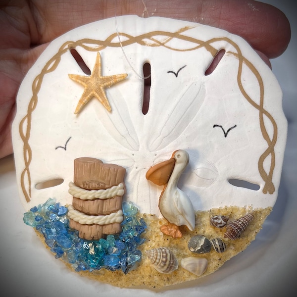 Pelican Ornament, Sand Dollar, Table Sitter, Nautical Decor, Gifts for Her, Personalized, Beach Remembrance, Outer Banks, Seashells