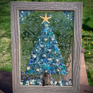 Christmas Tree Glass Frame, Gifts for Her, Rustic Coastal, Nautical Beach, Wall Art, Window Decor, Crushed Glass, Suncatcher