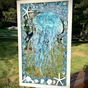 Jellyfish, Jellyfish Glass Window, Gifts for Her, Rustic Coastal, Nautical Beach, Wall Art, Window Decor, Seashells, Crushed Glass, Starfish