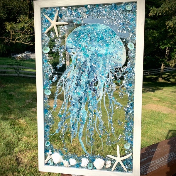 Jellyfish Art, Jellyfish Glass Window, Gifts for Her, Rustic Coastal, Nautical Beach, Wall Art, Window Decor, Seashells, Crushed Glass