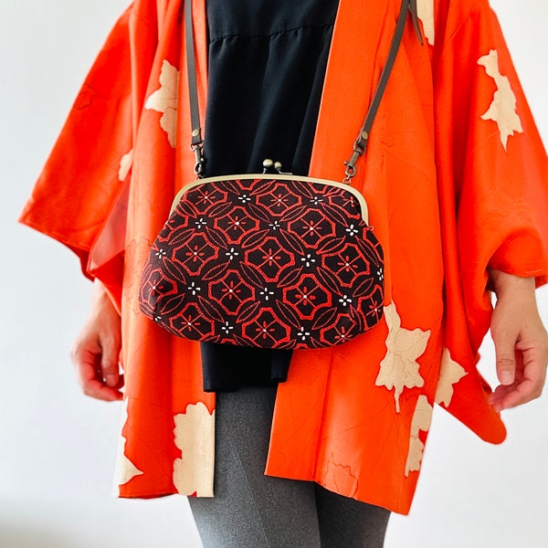 Gamaguchi-en【2WAY-Handbag/Shippo and Hana-bishi】black,Clutch,Pouch,Japanese bag,Shoulder bag,Japanese Gifts,Japanese brand