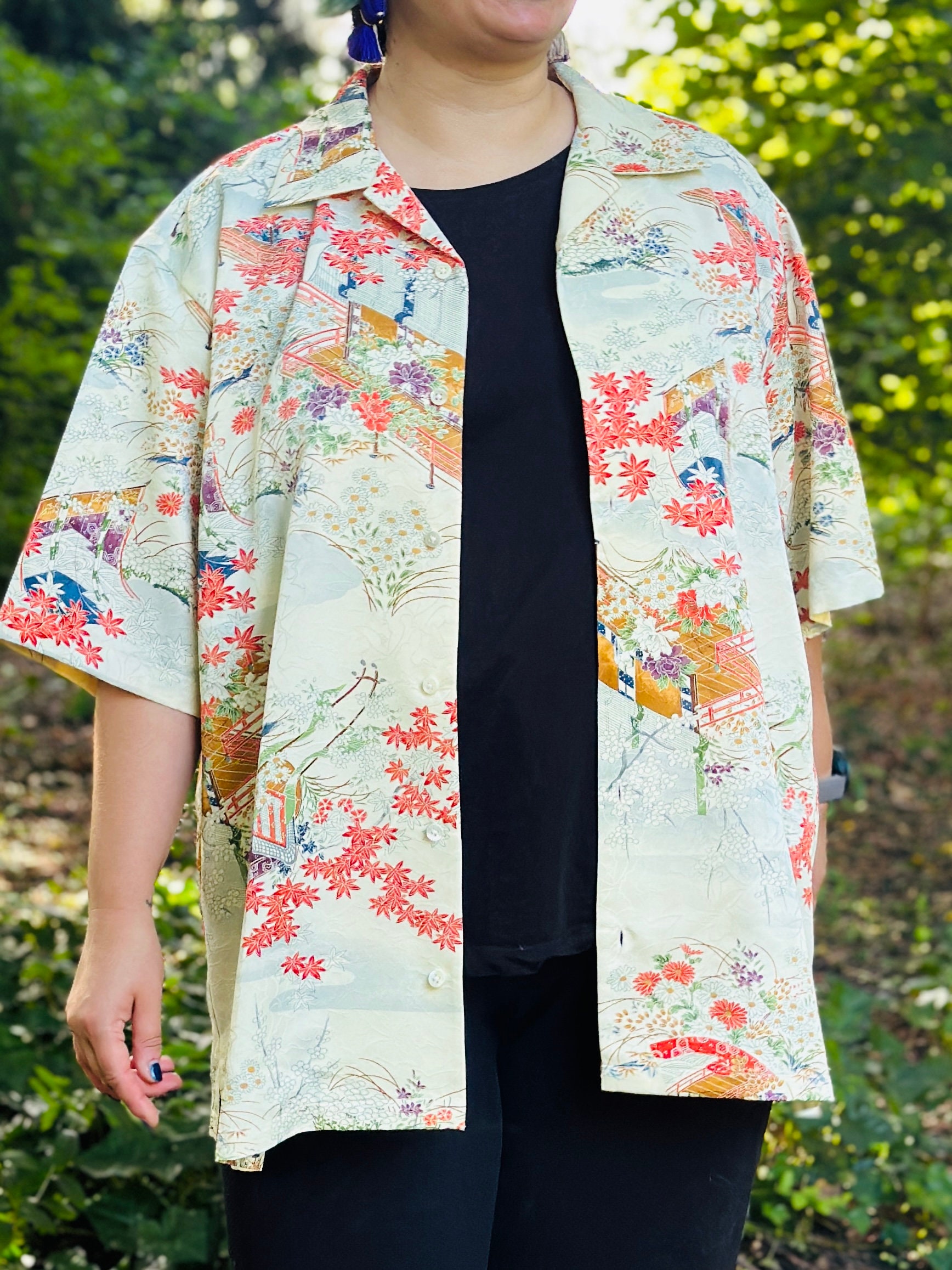 emi-kichi様 Creamwhite,momiji【hawaiian Shirt/size:3l】＜new・silk＞for