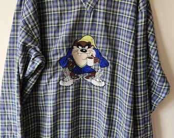Camisón de franela vintage de Warner Bros. Taz, el demonio de Tasmania, a cuadros azules, talla L/XL