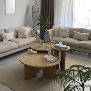 Unique Split, Modern, Minimalist, Round Coffee Table Set – Solid Oak Wood Nesting, Handmade Solid Wood Accent Table, Trio Set