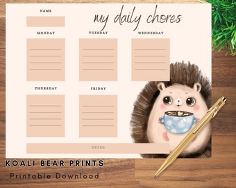 Hedgehog Chore Chart (download), Tracker, Printable, Template, Download, Coffee, Weekly, Daily