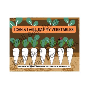 Könnte beinhalten: Ein druckbares Diagramm mit dem Text "I CAN & I WILL EAT MY VEGETABLES!" und sieben weißen Karotten mit grünen Blättern. Der Text "COLOR IN A CARROT EACH TIME YOU EAT YOUR VEGETABLES." befindet sich am unteren Rand des Diagramms.