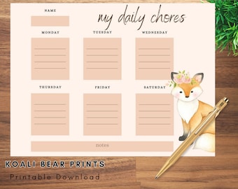 Fox Chore Chart (download), Tracker, Printable, Template, Download, Weekly, Daily, Can Not Edit File