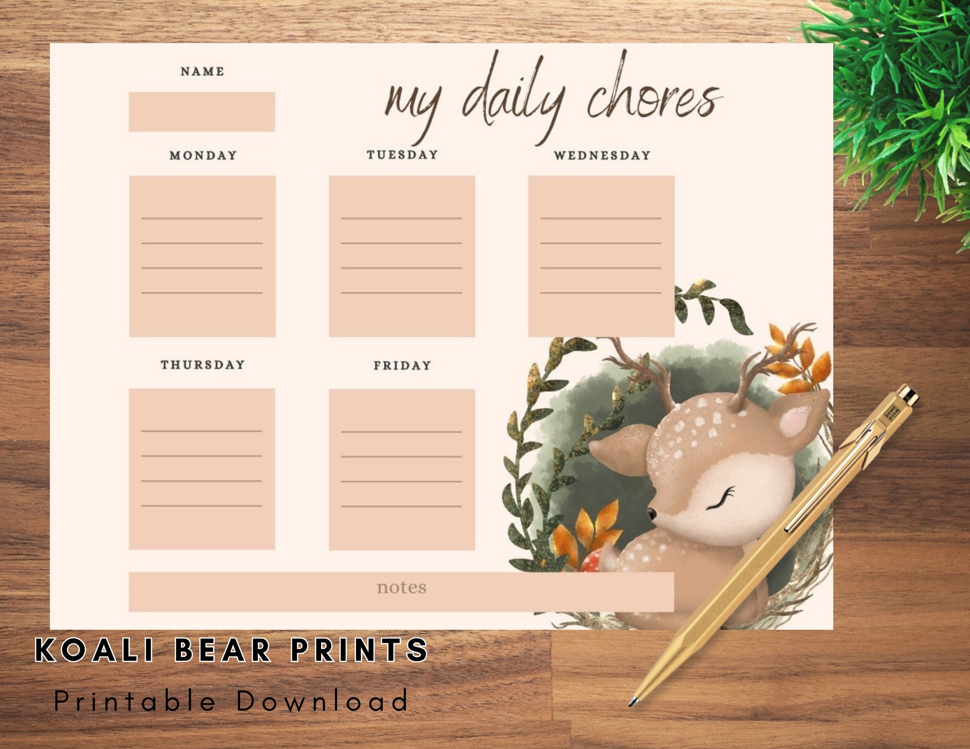 Sleeping Deer Chore Chart (download), Tracker, Printable, Template, Download, Weekly, Daily